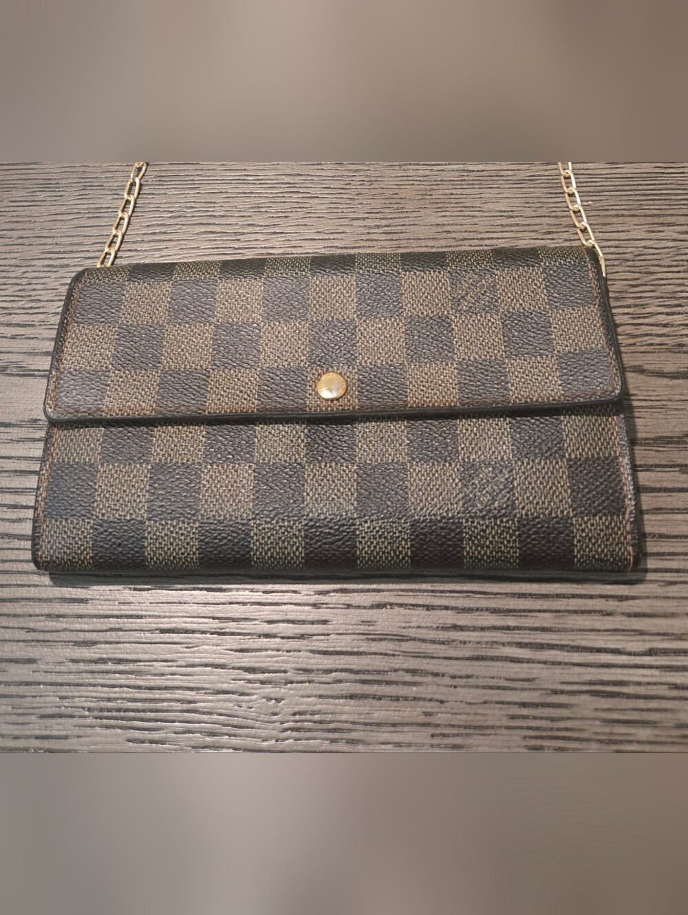 Louis Vuitton Emilie Wallet Damier Ebene Brown & Unbranded Chain For Crossbody